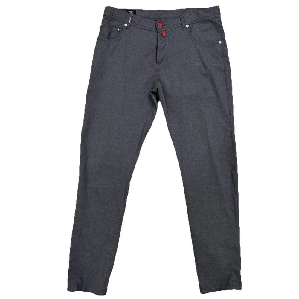 Kiton Gray Slim Dress Pants with Red Button Accents